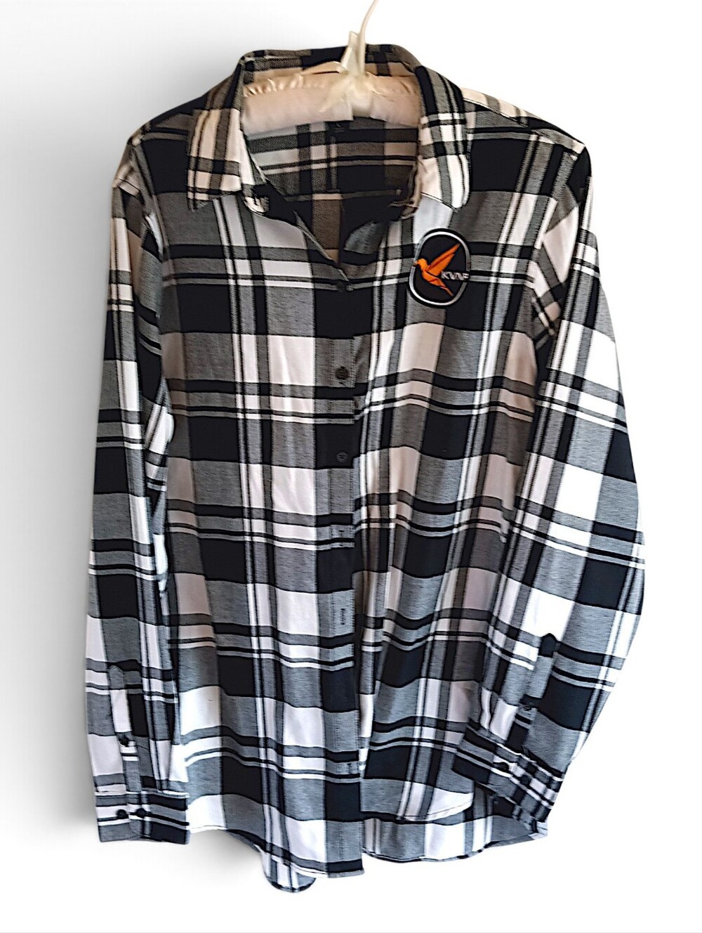 Port Authority Black White Plaid Button-Down Shirt Kvnf Hummingbird Chest Patch